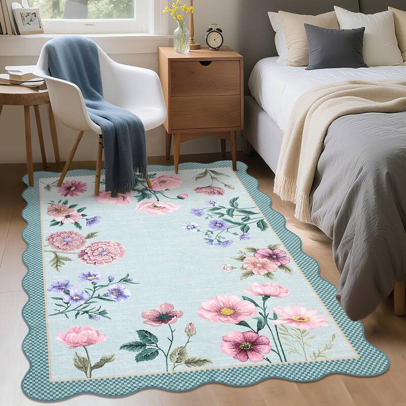 Garvee Floral Scalloped Rug 5x7 Soft Botanical Print Non-Slip Backing Ultra Thin Stain Resistant Light Blue Living Room Dinin...