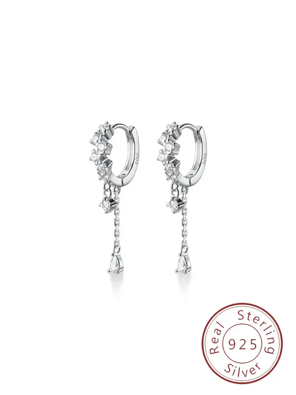 925 Sterling Silver Women's Elegant Rhinestones Decor Dangle Earrings, Exquisite Trendy Earrings, Fashionable Jewelry for Wom...