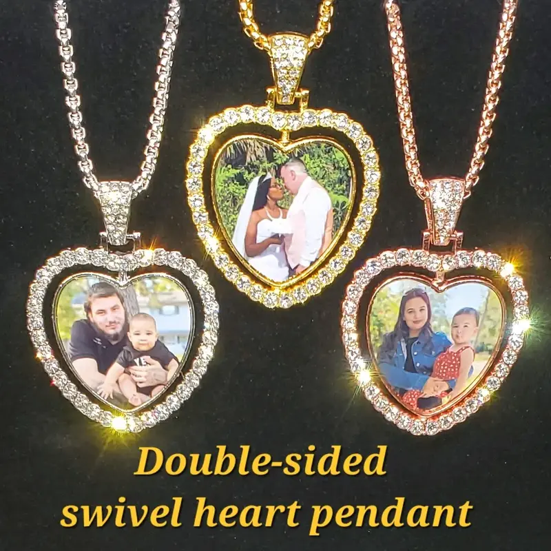 Custom Double Sided Swivel Heart Photo picture pendant necklace with free chain in Gold/Silver/Pink - 20.5 inch chain rhinest...