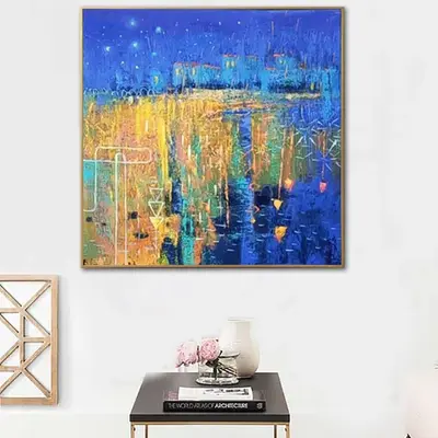 Large Abstract Blue and Yellow Paintings On Canvas Original Modern Painting Colorful Textured Wall Art OIl Painting | STARFAL...