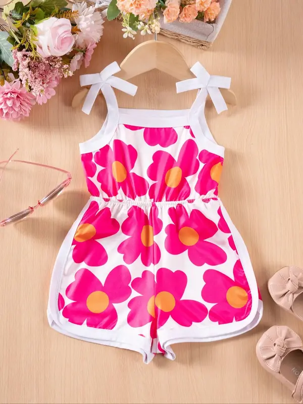 Toddler Girl's Floral Print Cami Romper, Cute Sleeveless Spaghetti Strap Romper for Summer, Toddler Girls Clothing for Daily ...