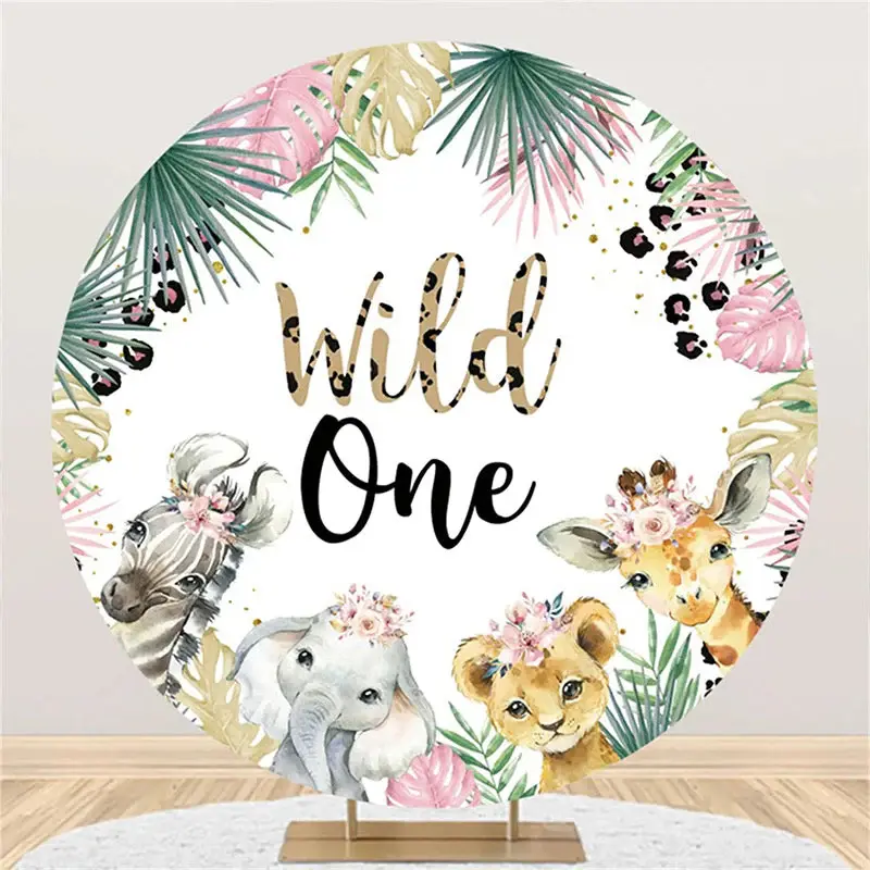 Tropical Leaves Animals Round 1st Birthday Backdrop - Aperturee
