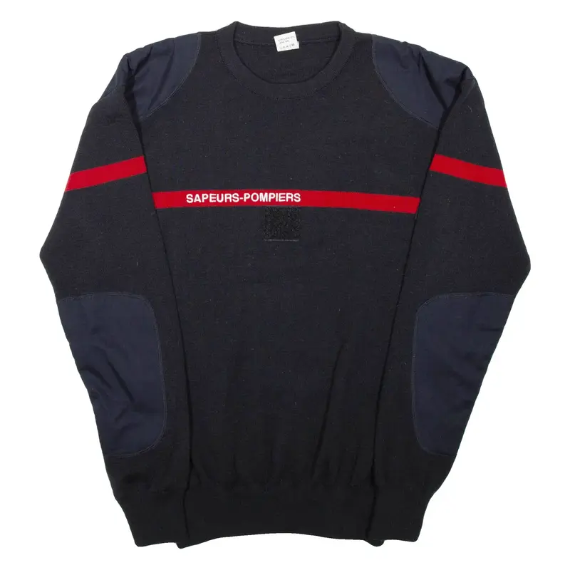 Mens Jumper Black Crew Neck Tight Knit Wool L