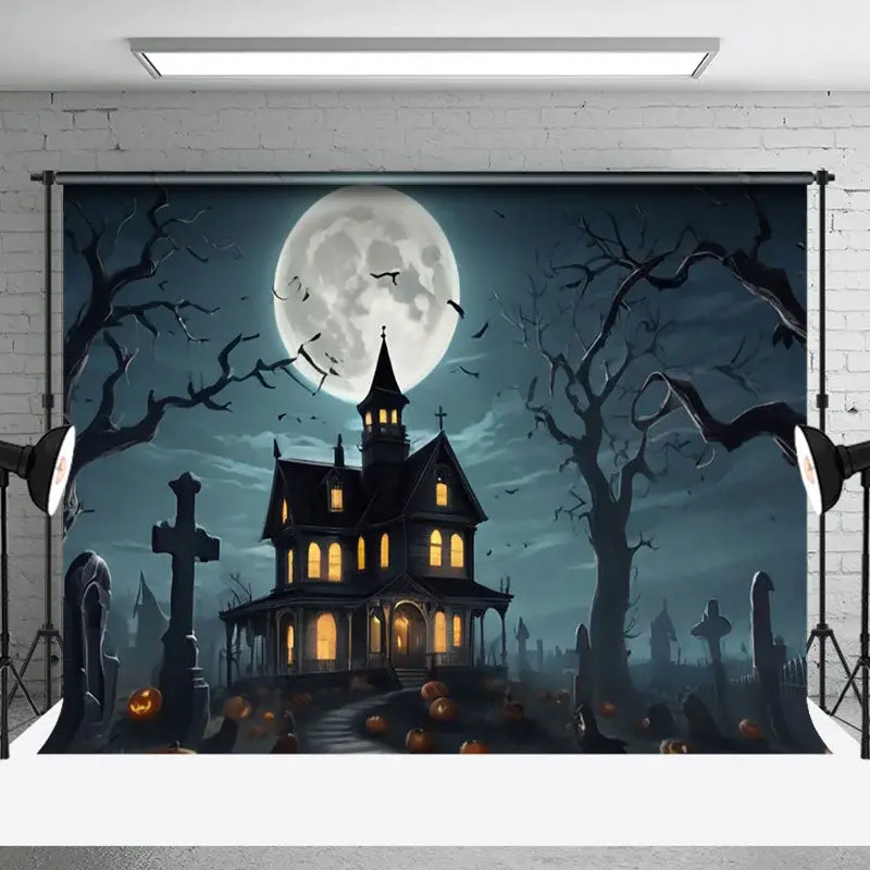 Aperturee Spooky Night Moon Grave House Halloween Backdrop - Aperturee