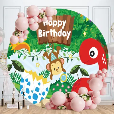 Aperturee Animals Green Jungle Round Happy Birthday Backdrop