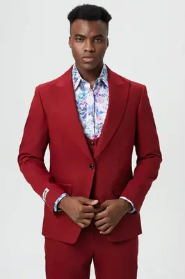 Mens Stacy Adams Suit - Stacy Adams Suit Men's Designer Suit - Cherry Red, One Button Peak Lapel with Vest