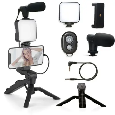 5-in-1 Cellphone Stand Stabilizer with LED Fill Light, Portable Smartphone Tripod for iPhone & Android, Folding Tripod St...