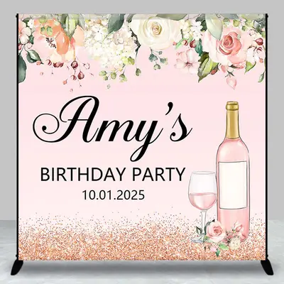 Pink Floral Leaf Wine Custom Birthday Party Backdrop - Aperturee