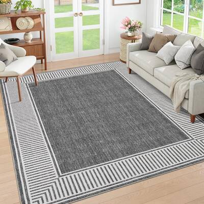 Garvee Bordered Grey 9x12 Modern Area Rug Washable Large Living Room Rug with Rubber Backing Throw Carpet for Bedroom Dining ...