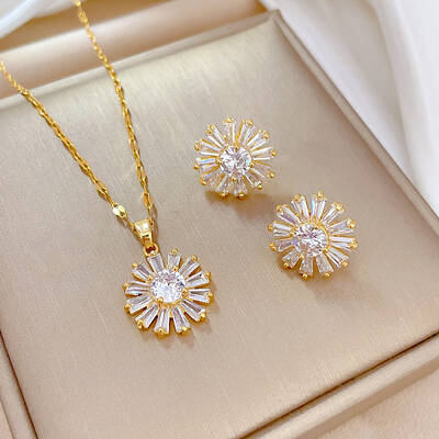 Brass Micro Pave Cubic Zirconia Pendant Necklace & Stud Earrings