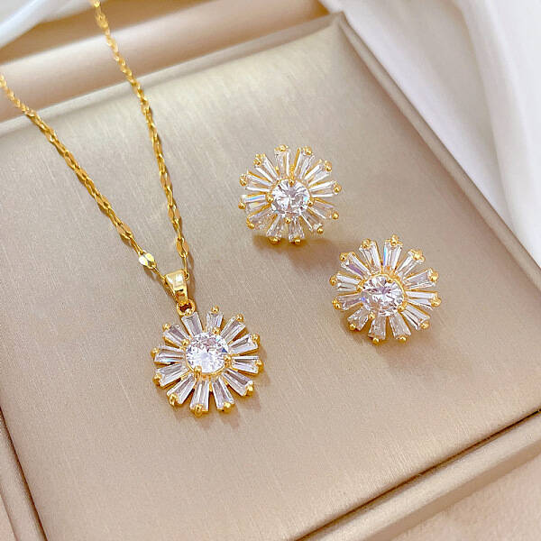 Brass Micro Pave Cubic Zirconia Pendant Necklace & Stud Earrings