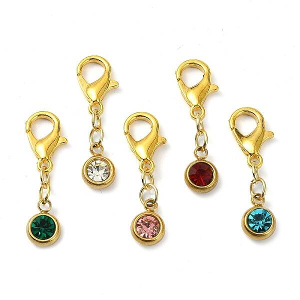 5Pcs 5 Colors 201 Stainless Steel Rhinestone Pendant Decorations
