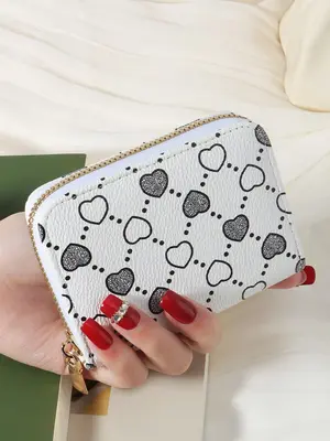 Women's Fashion Heart Pattern Print Zipper Short Wallet As Summer Outfits 2024, Casual Cute Coin Purse, Elegant Pu Leather Ca...