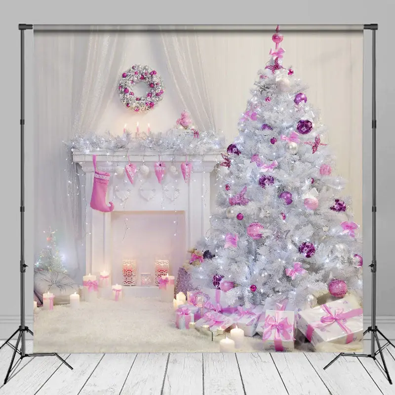 Pink Theme Fireplace Photography Christmas Backdrop - Aperturee