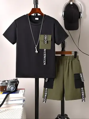 Two-piece Set Boy's Colorblock Pocket Short Sleeve Tee & Elastic Waist Shorts, Casual Round Neck T-shirt & Track Shorts for S...