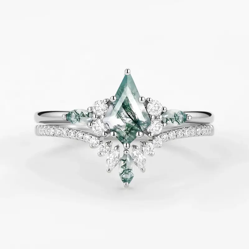 Sterling Silver Kite Cut Moss Agate Engagement Ring