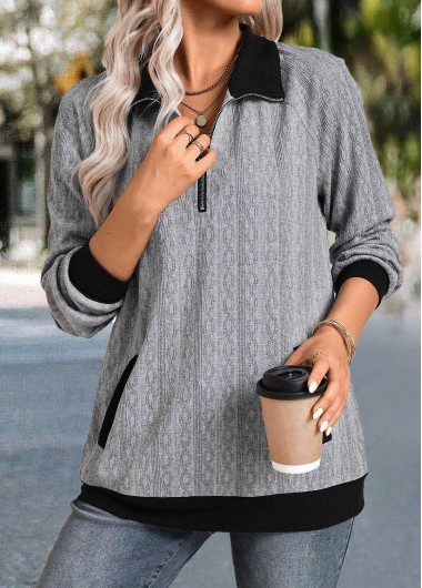 Modlily Grey Zipper Long Sleeve Shirt Collar Sweatshirt - XL