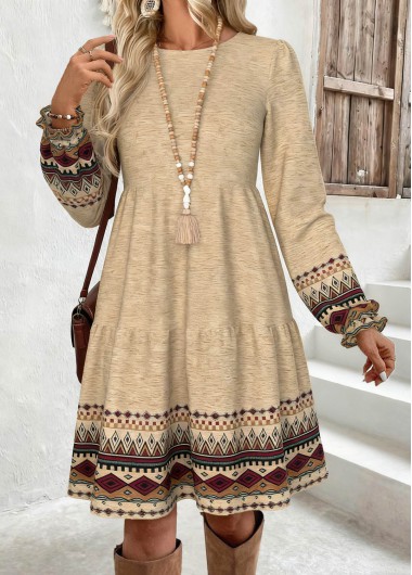Modlily Light Camel Tummy Coverage Tribal Print Long Sleeve Dress - M