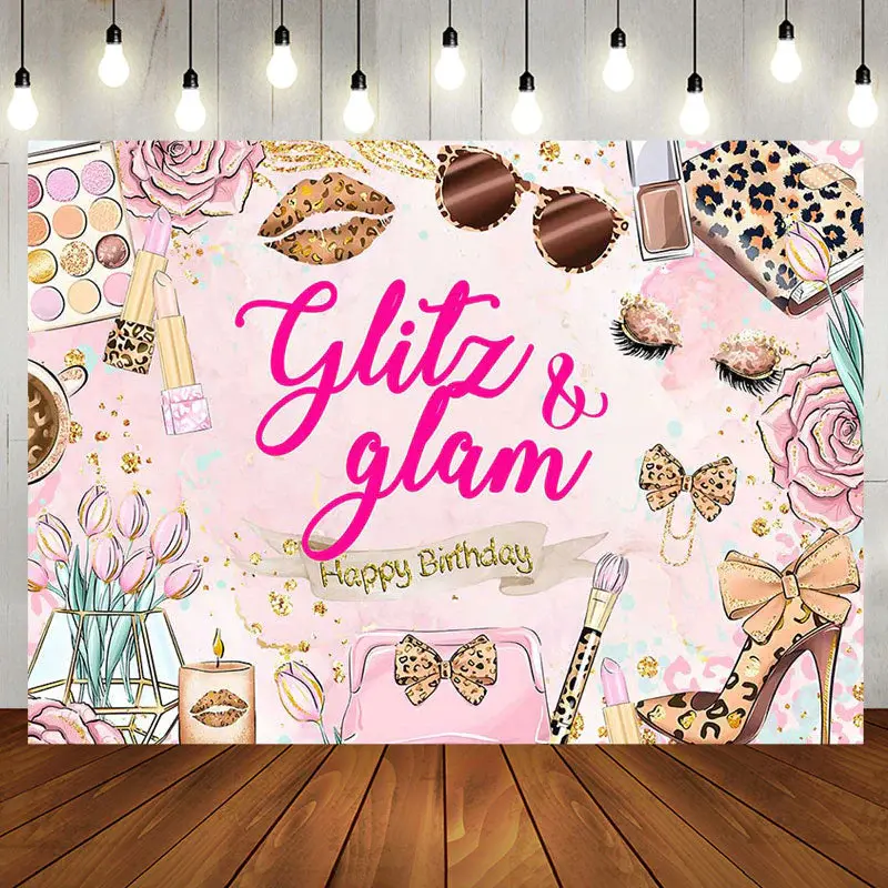 Pink Floral Make Up Lip Bow Knot Birthday Backdrop - Aperturee