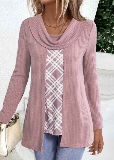 Modlily Dusty Purple Plaid Long Sleeve Fake Two Piece Twinset - L