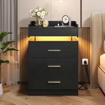 Sikaic Large Nightstand With Charging Station And LED Lights Furniture Bedroom Table Drawer