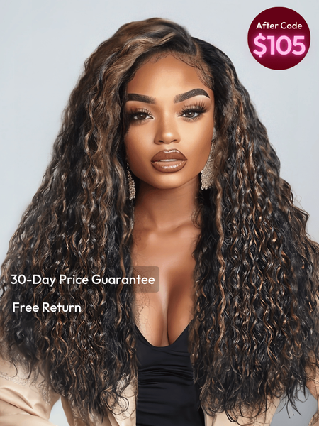 UNice Bye-Bye Knots 7x5 Lace Water Wave Black Wig With Golden Brown Highlights
