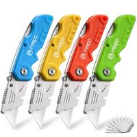 Box Cutter, 4-Pack Tough Folding Box Cutter for Heavy Duty Purpose, Razor Sharp Blade, Comfortable Handle, with Extra 10-Piec...