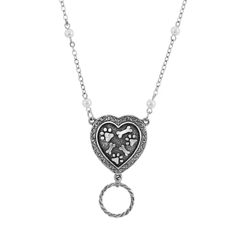 Pewter Pearl Heart Paw and Bones Eye Glass Holder 28 in.