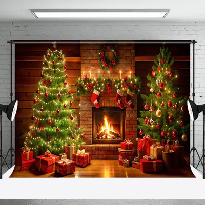 Aperturee Cozy Brick Fireplace Candlelit Christmas Backdrop