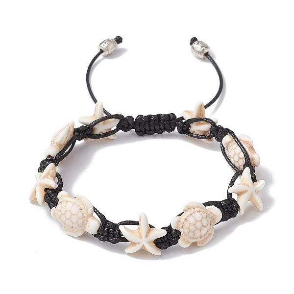 Synthetic Turquoise Starfish & Turtle Braided Bead Bracelet