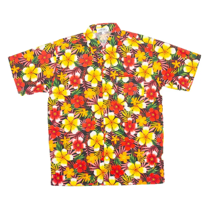 UP ON Mens Hawaiian Shirt Orange Floral L