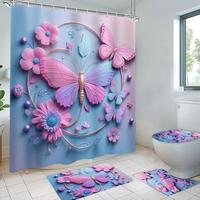 Pastel Butterfly & Flower Pattern Shower Curtain Set, 4 Counts/set Including Bathroomcurtain & Bath Mat & U-shape Mat & Toile...