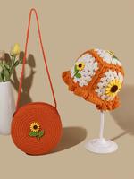 Flower Decor Crochet Hat & Bag Set, Teenage Girl Clothes Accessories, 2025 New Style Casual Handmade Knitting Hat & Bag Set, ...