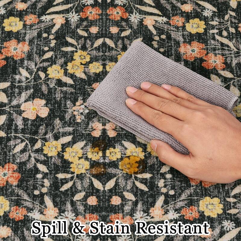 Garvee Floral Area Rugs Washable Non Slip Ultra Thin Boho Flower Indoor Floor Carpet for Girls Room Nursery Playroom Black 5x...
