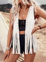 Women's Solid Color Fringe Trim Open Front Vest Coat, Casual Fashionable Outerwear for Daily Wear, Jackets for Women, Ladies ...