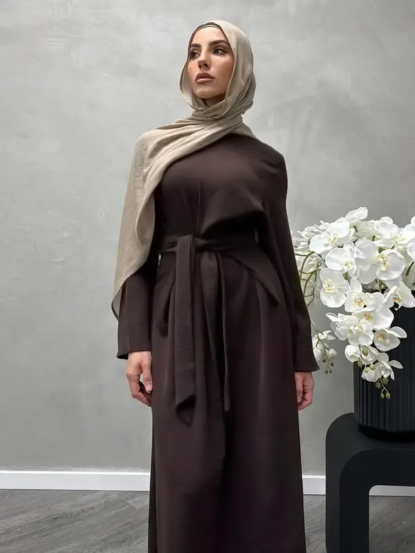 Elegant Modest Long Dress, One-Piece Belted Abaya Robe, Perfect for Casual Gatherings & Vacations, Women's Fashionable Clothi...