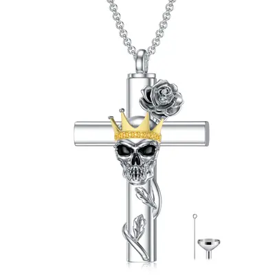 Sterling Silver Two-Tone Rose With Cross With Crown With Skull Urn Necklace For Ashes For Women