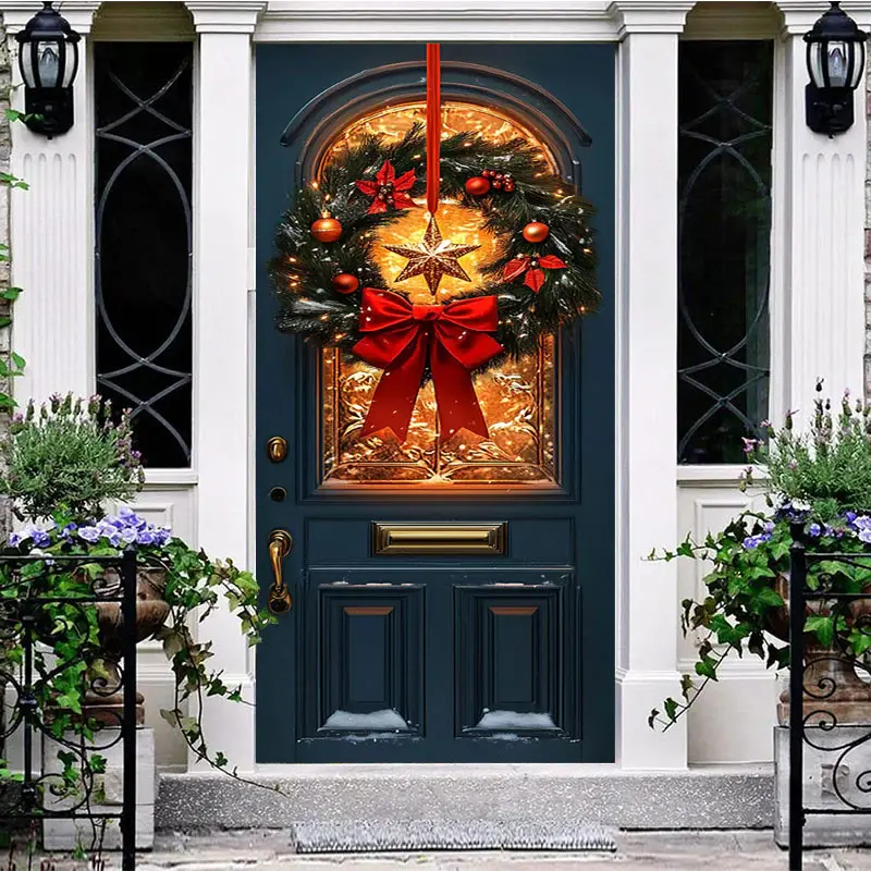 Red Bowknot Star Wreath Light Xmas Navy Door Cover - Aperturee