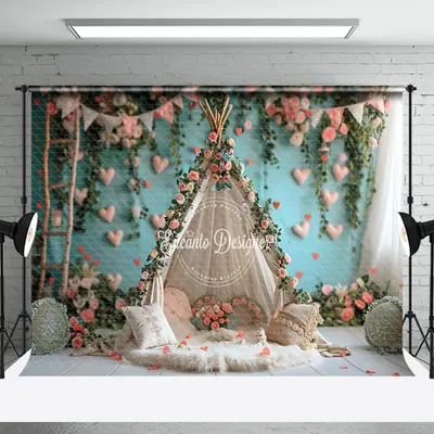 Teal Wall Pink Floral Tent Wedding Photo Backdrop