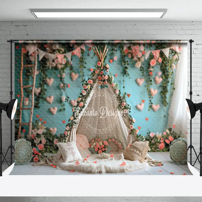 Teal Wall Pink Floral Tent Wedding Photo Backdrop