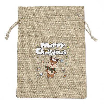 Christmas Printed Burlap Packing Pouches Drawstring Bags