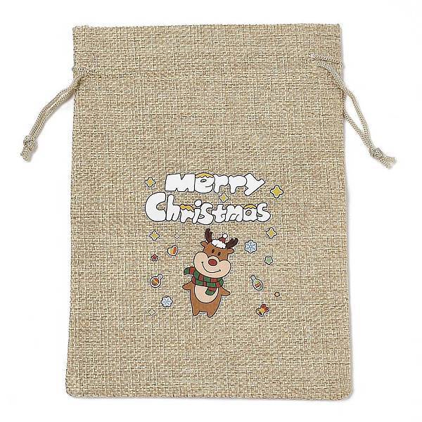 Christmas Printed Burlap Packing Pouches Drawstring Bags