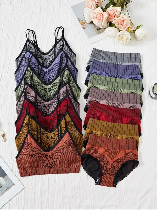 Women's Contrast Lace High Waist Panty Set, Casual Soft Comfy Breathable Wireless Bra & Knicker for Daily Wear, Ladies Tigh...