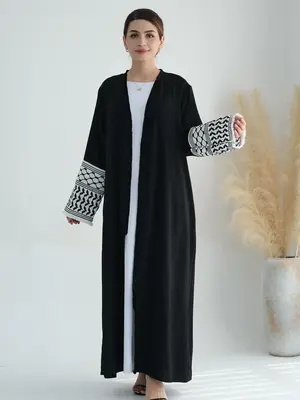 Women's Patchwork Embroidery Belted Abaya, Elegant Long Sleeve Open Front Abaya for Party, Women's Islamic Clothing for Fall ...