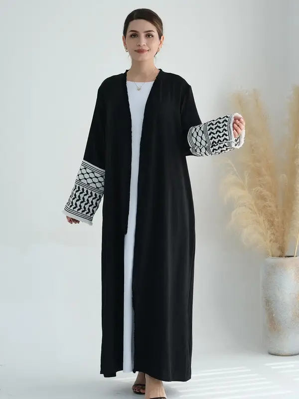 Women's Patchwork Embroidery Belted Abaya, Elegant Long Sleeve Open Front Abaya for Party, Women's Islamic Clothing for Fall ...
