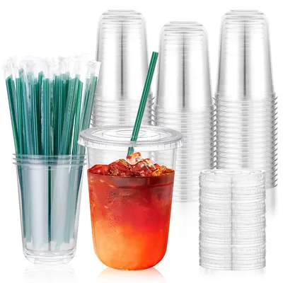KesaPlan 50 Sets 16 oz Disposable Iced Coffee Cups with Lids and Straws,Clear Plastic Cups for Cold Drinks Juice Milkshakes S...