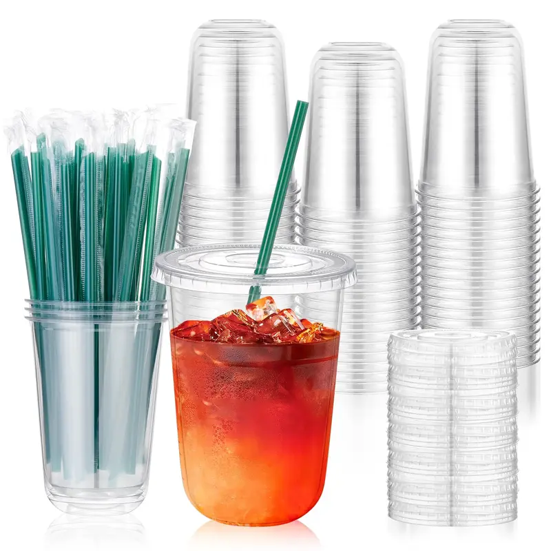KesaPlan 50 Sets 16 oz Disposable Iced Coffee Cups with Lids and Straws,Clear Plastic Cups for Cold Drinks Juice Milkshakes S...