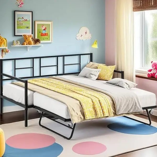 DWVO Twin Daybed with RGB LED Lights & Charging Station, Height Adjustable Day Bed Frame with Trundle, Versatile Metal Sofa B...