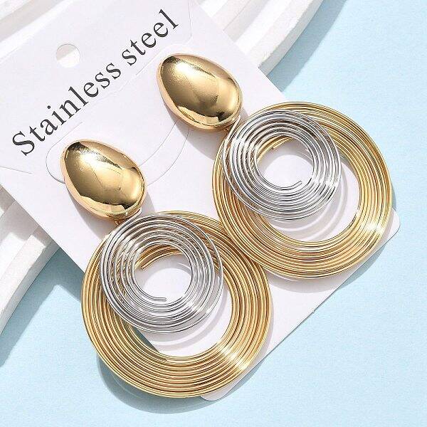 304 Stainless Steel Two Tone Dangle Stud Earrings