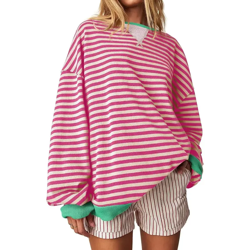 【Up To 3XL】Fisace Christmas Womenswear Striped Oversized Sweatshirt Color Block Crew Neck Long Sleeve Shirt Casual Loose ...